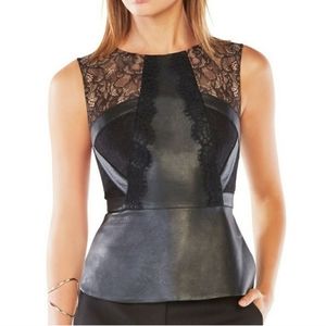 BCBG LAINE LACE-BLOCKED FAUX-LEATHER PEPLUM TOP
